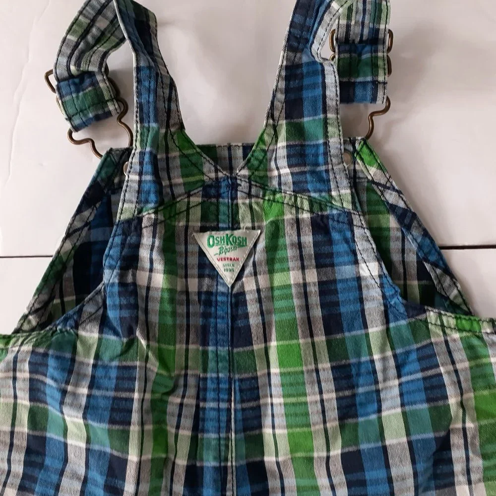 Oshkosh Boys Overall Shorts Green Blue Plaid Shoralls 18 Months